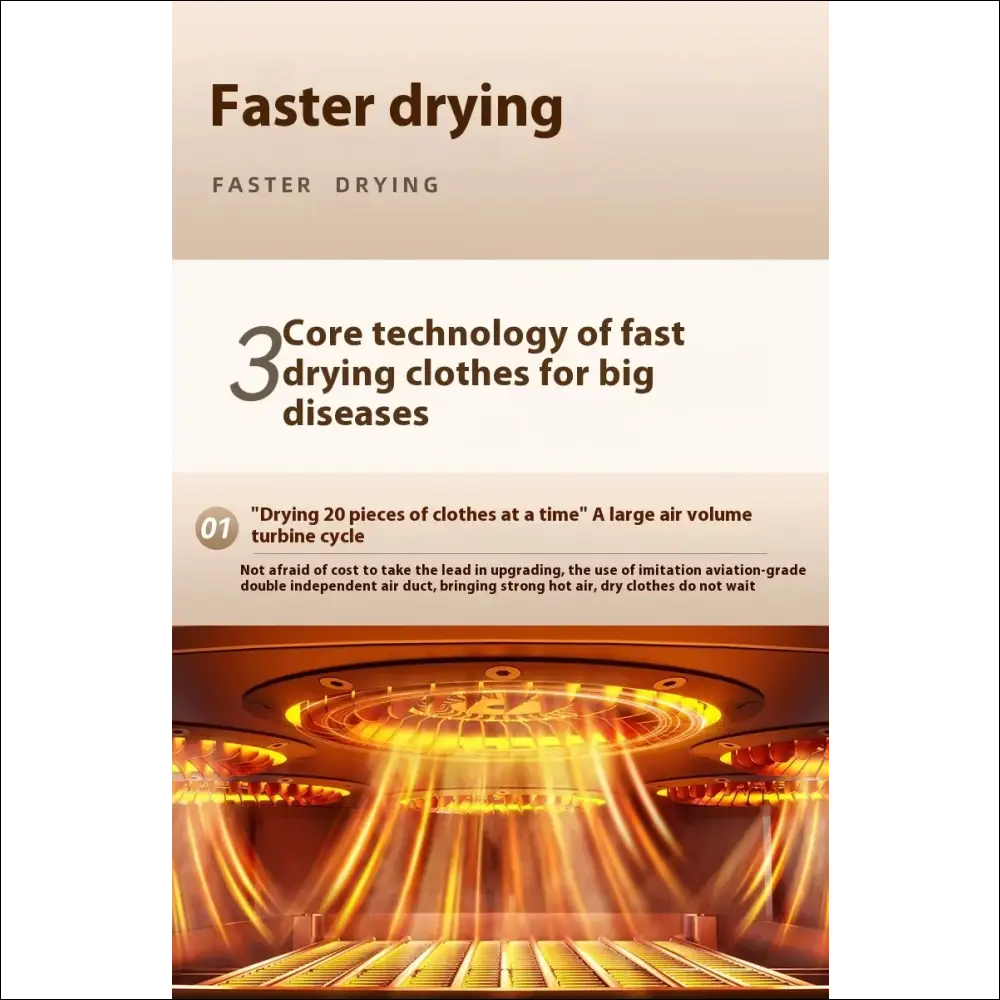 Clothes dryer with turbine cycle for fast, convection drying.