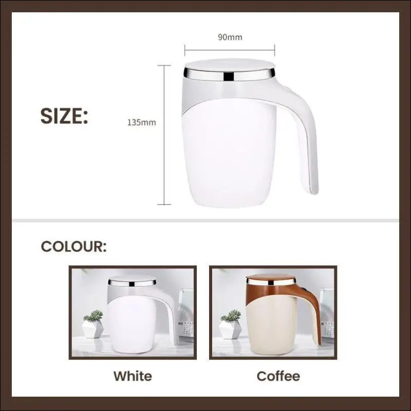 Self-Stirring Coffee Mug: Automatic, Stainless Steel, White & Brown Colors, Tea, Hands Free Mug