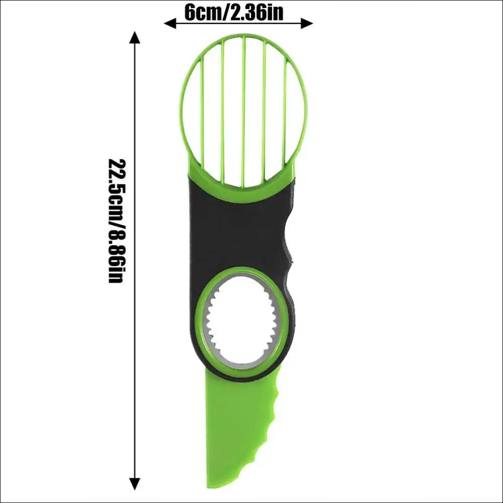 Green avocado slicer tool with a pitter and multiple fruit cutter blades