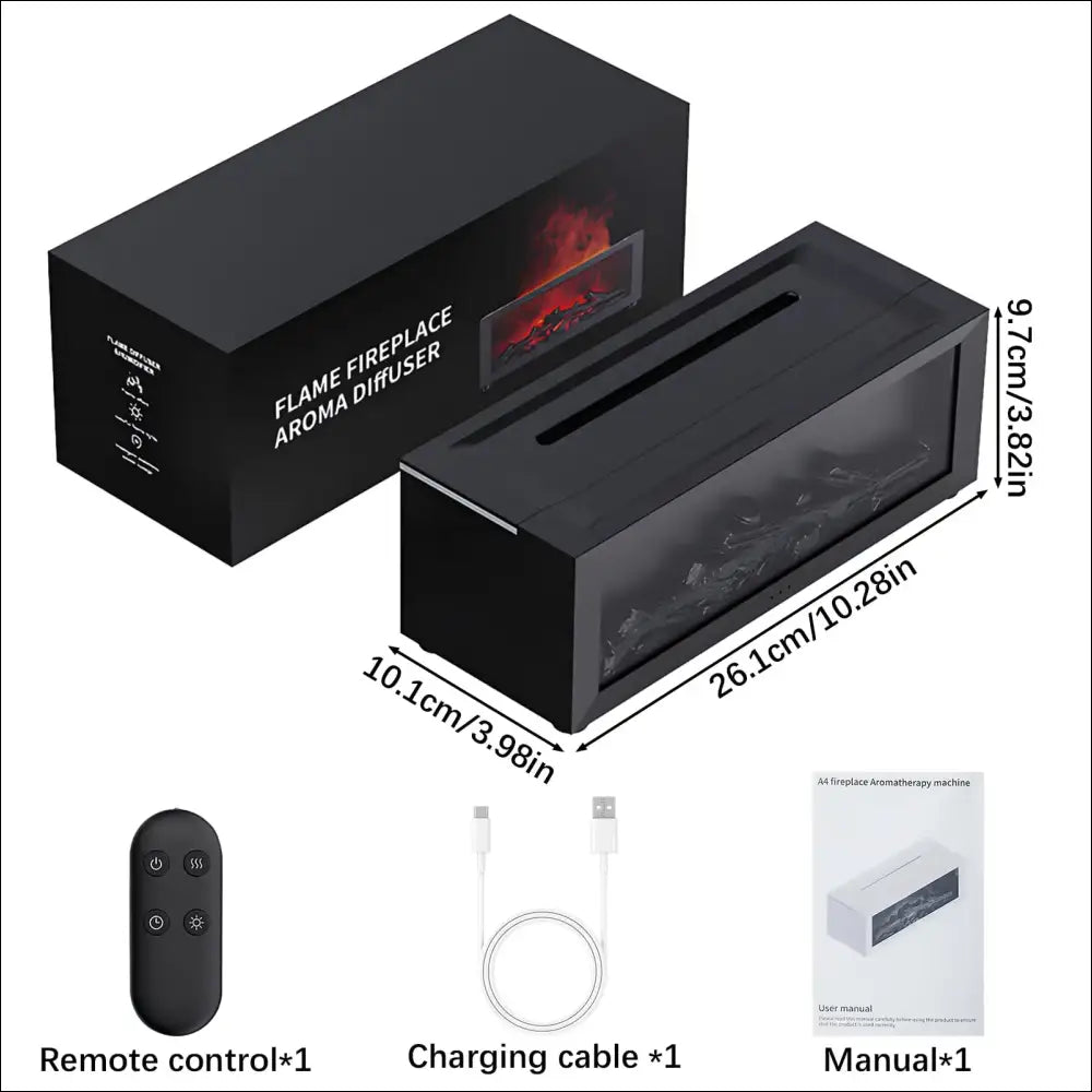 FlameScape aroma diffuser with flame effect, remote and charging cable.