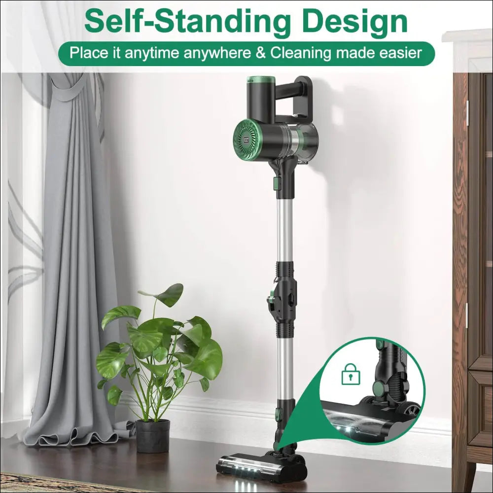 Cordless vacuum cleaner with self-standing design and illuminated head.