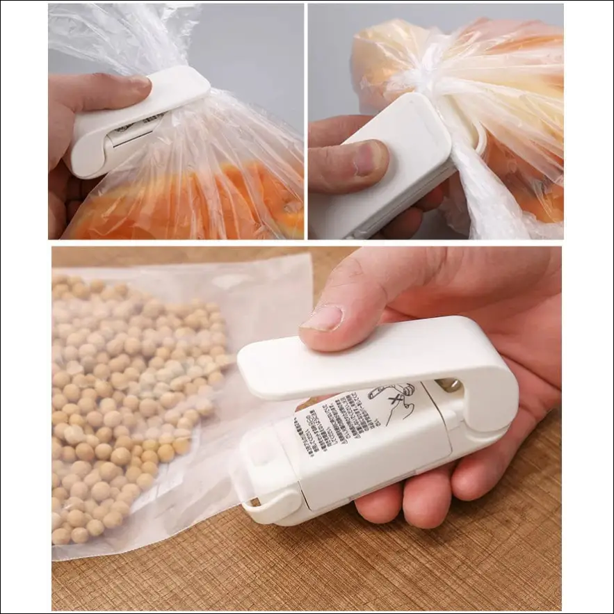 Handheld bag sealer, FreshSeal Pro, sealing plastic bags to preserve food.