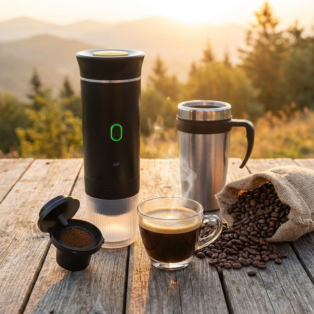 Depict the espresso maker in a scenic outdoor setting during sunrise on a rustic wooden table. Employ diffused daylight to create a warm, inviting atmosphere, enhancing the natural tones of the environment. Use an overhead shot with a 35mm lens, capturing