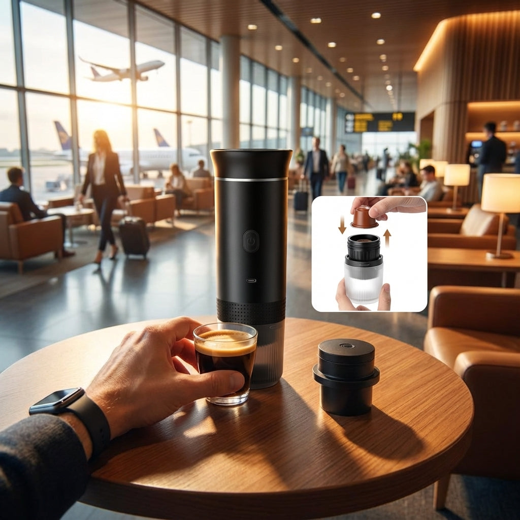 Show the espresso maker in a dynamic lifestyle scene set within a modern travel lounge or airport terminal. Use rim lighting to create dramatic shadows and accentuate the compact, portable form factor. The shot is a wide-angle, 24mm lens capturing the devi