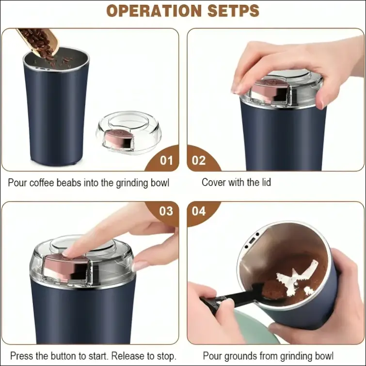 GrindMaster Go shown with step by step instructions for grinding coffee beans.