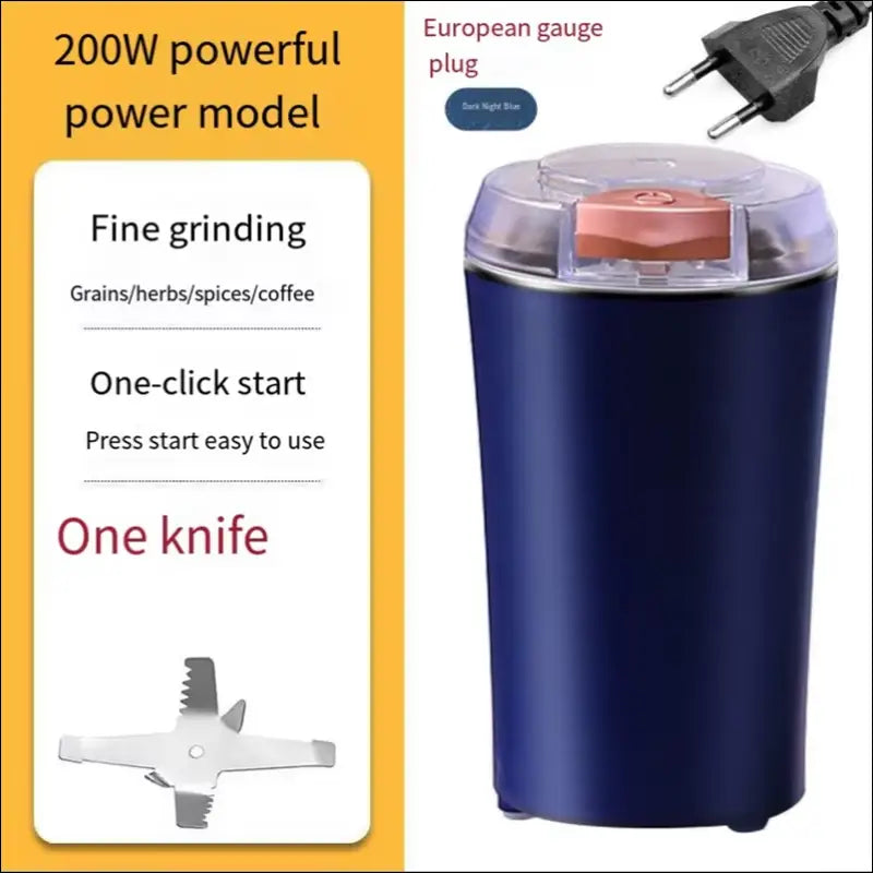 Dark blue GrindMaster Go electric grinder with powerful blade for fine grinding.