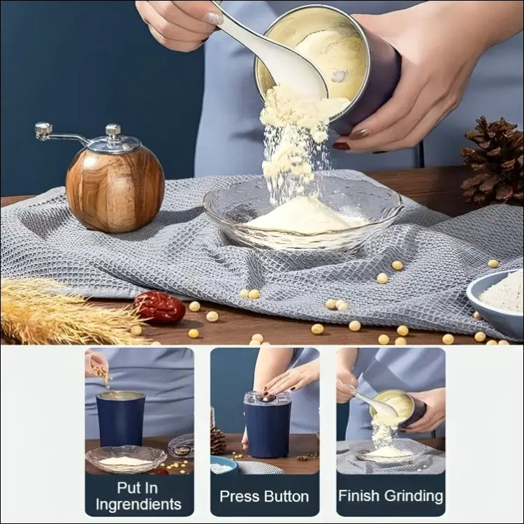 GrindMaster Go shown grinding ingredients; compact kitchen grinder with wooden finish.