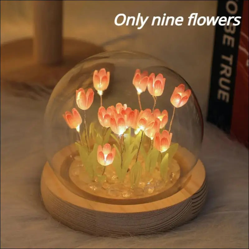 Luminous tulip dome with glowing tulip lights and a wood base.