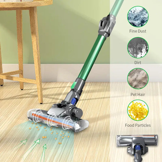 Cordless vacuum cleaner with rotating brush head cleaning hardwood floor efficiently.