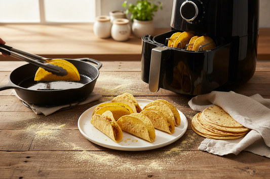 Easy homemade taco shell recipes made with tortillas using skillet and air fryer methods for fresh tacos