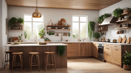 Modern L-shaped kitchen with wooden cabinets featuring Chefio’s silicone spatula clip.