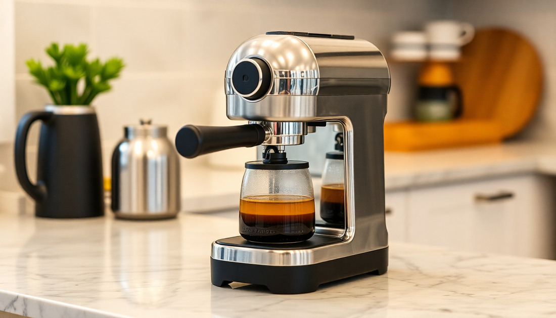 A portable espresso maker brewing coffee on kitchen counter
