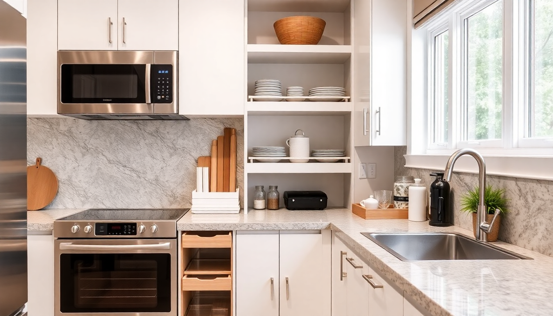 A neatly organized kitchen with pull-out shelves