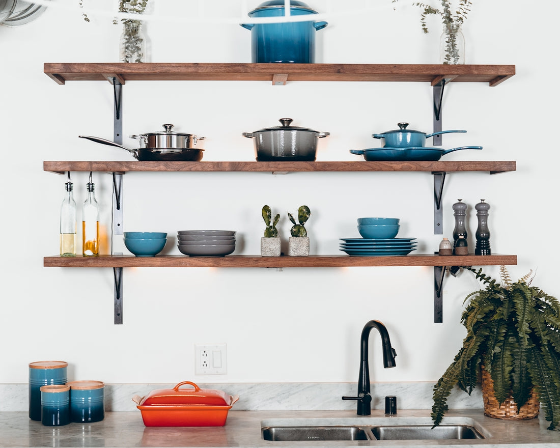 cookware set on floating shelves