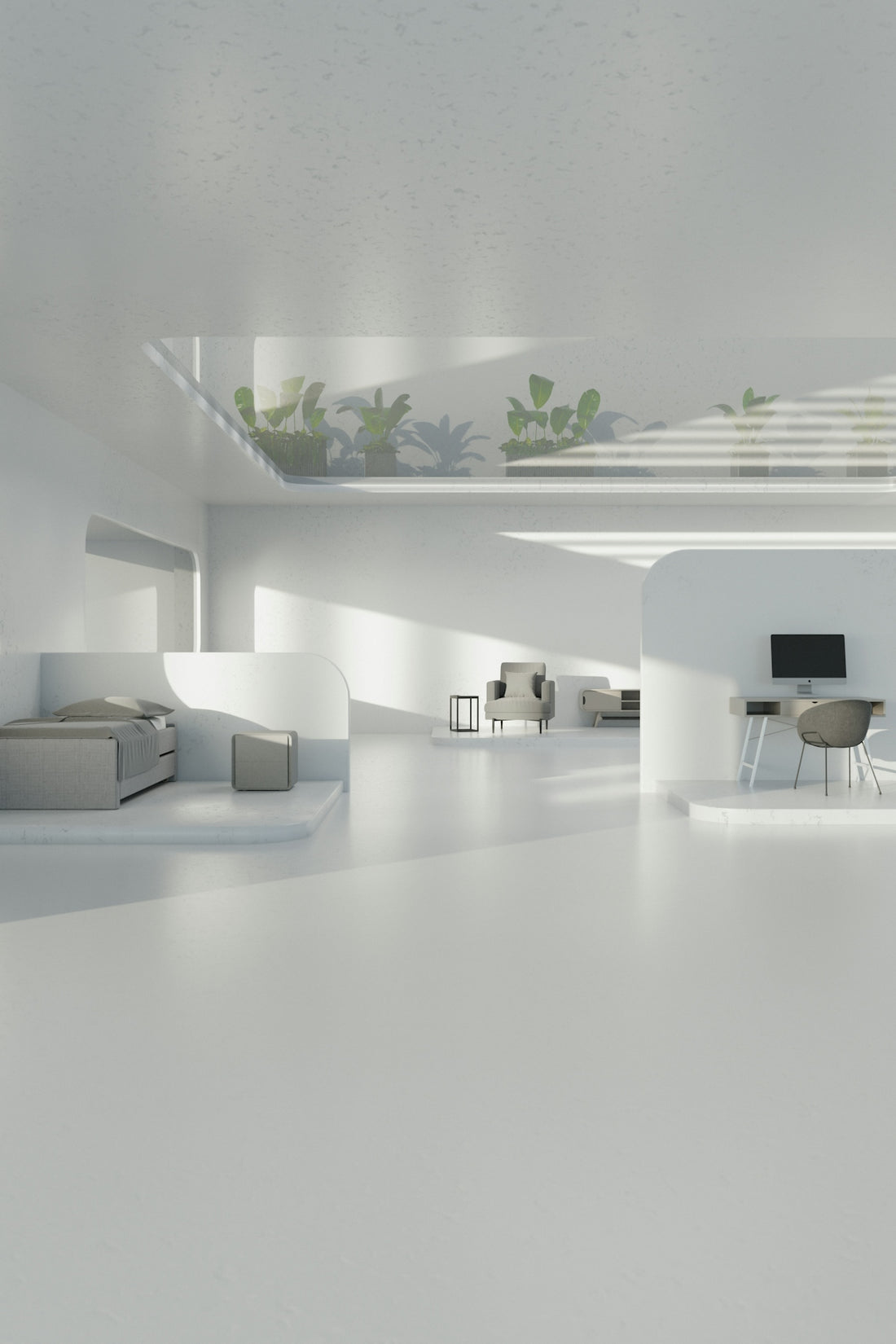 A room with a lot of white furniture in it