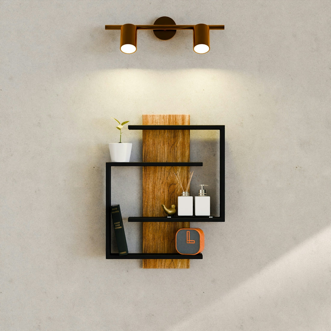 Modern wall shelf with decor and spotlight.
