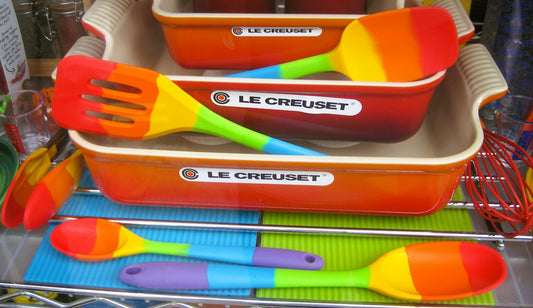 Rainbow silicone kitchen utensils with le creuset baking dishes