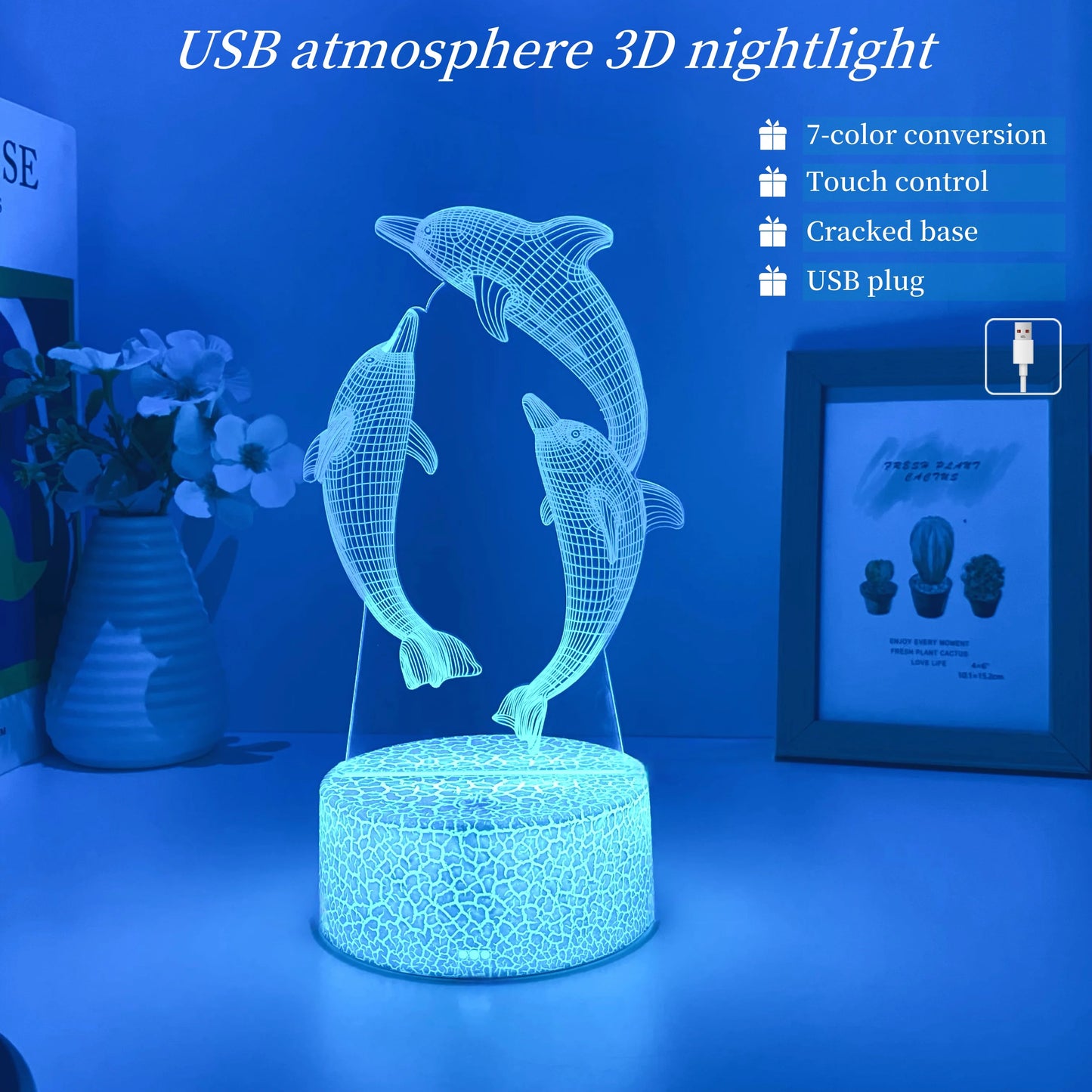 Dolphin Pattern 3D Nightlight USB 7-Color Touch