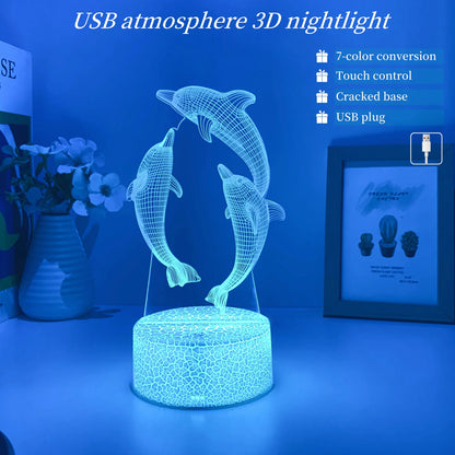 Dolphin Pattern 3D Nightlight USB 7-Color Touch