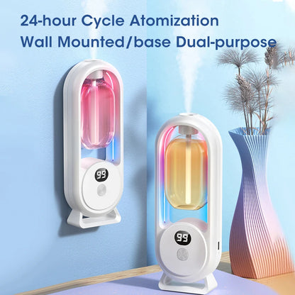 White Chefio Smart Essential Oil Diffuser shown wall-mounted and tabletop with ambient LED light and mist.