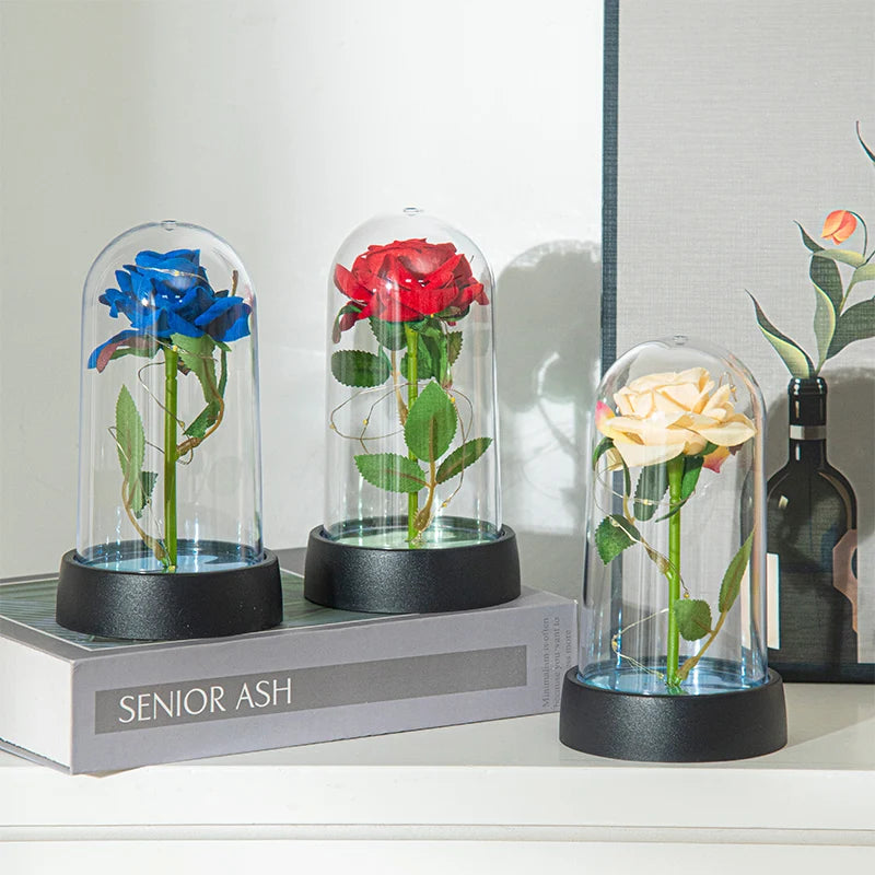 Eternal Rose LED Lamp - Silk Flower Glass Dome