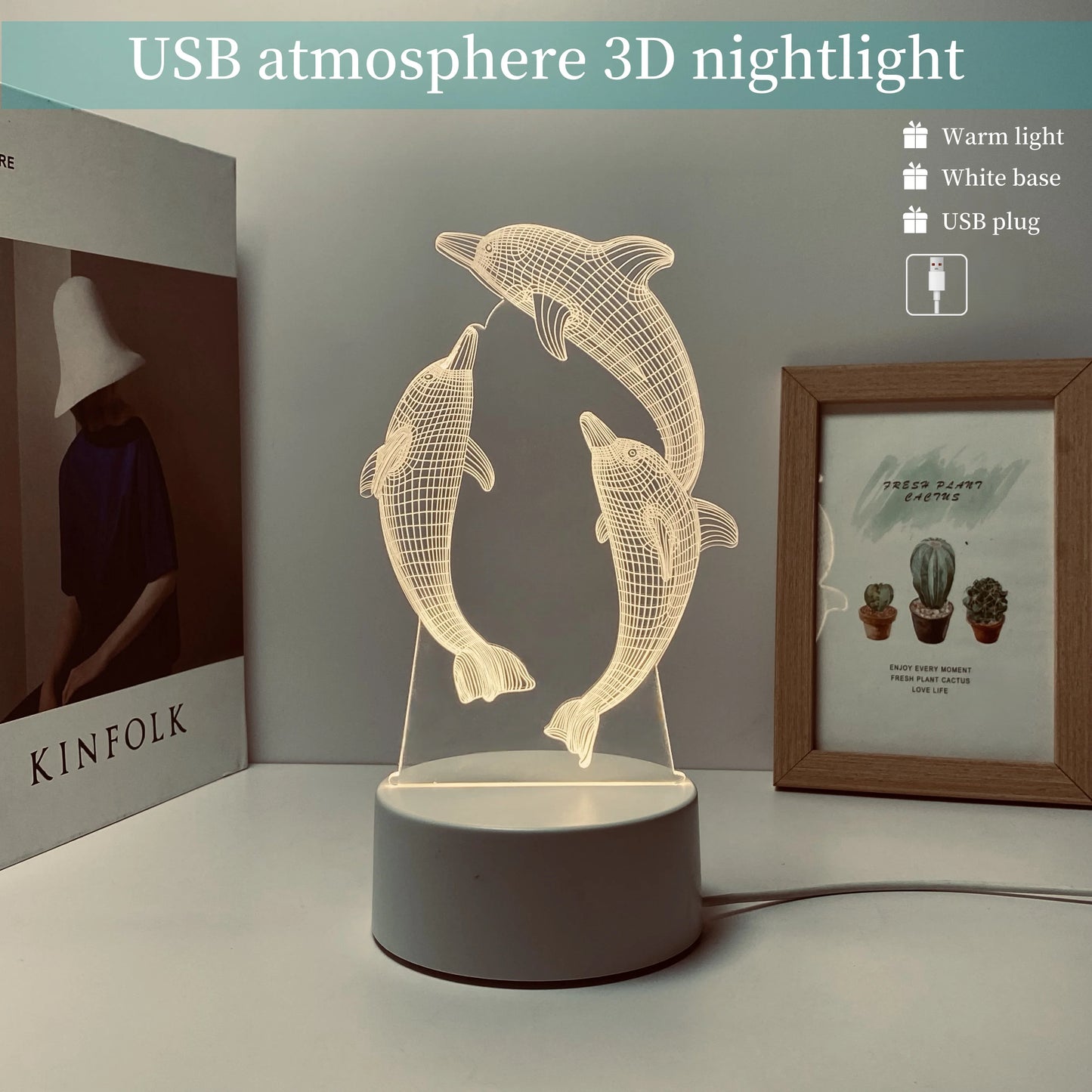 Dolphin Pattern 3D Nightlight USB 7-Color Touch