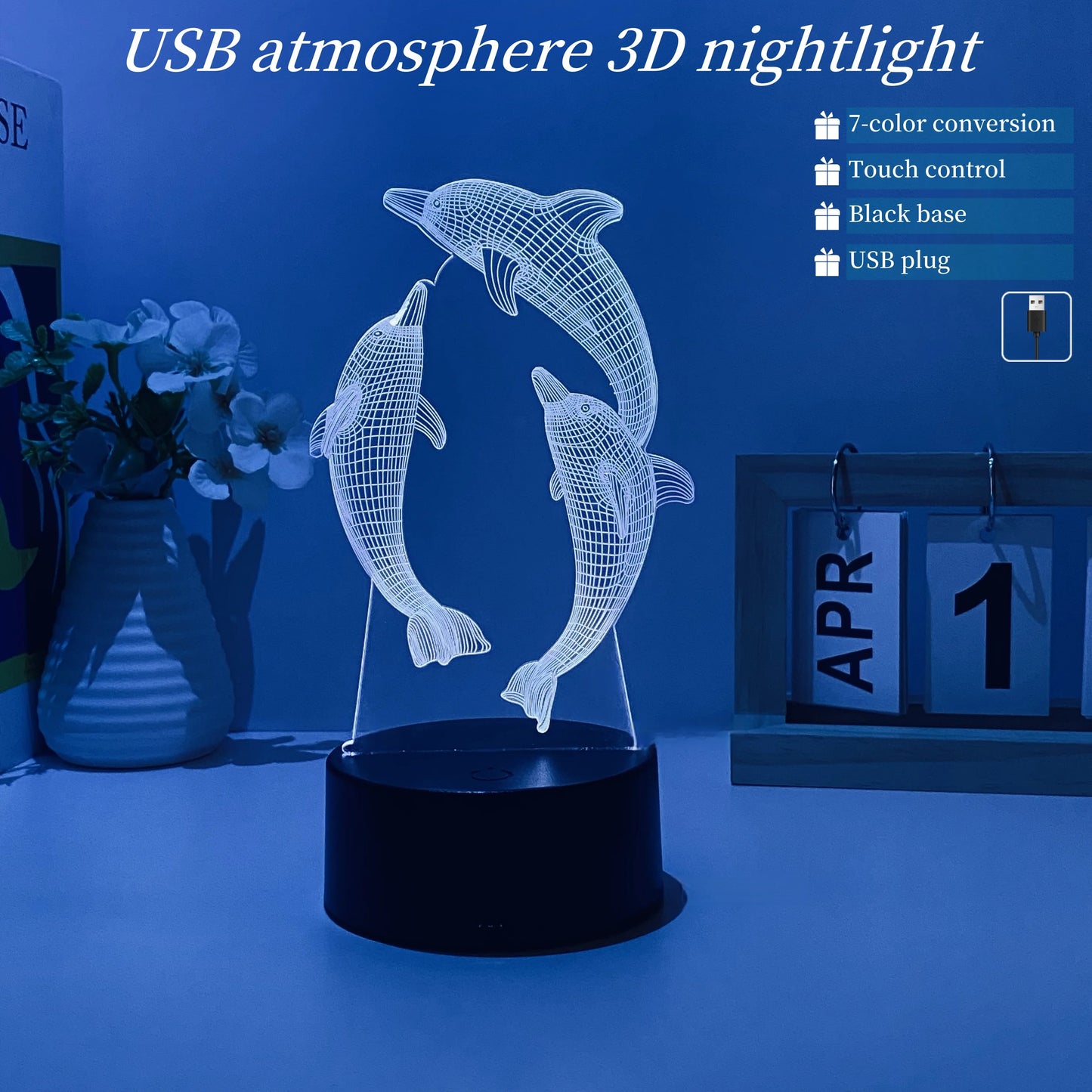 Dolphin Pattern 3D Nightlight USB 7-Color Touch