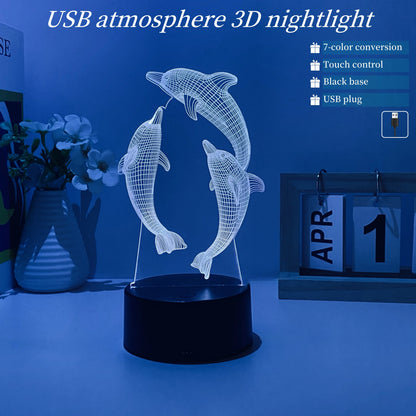 Dolphin Pattern 3D Nightlight USB 7-Color Touch