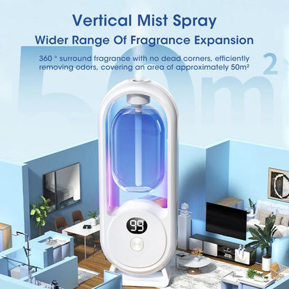 Chefio Smart Essential Oil Diffuser with vertical mist spray infographic and 50m² home aromatherapy coverage.