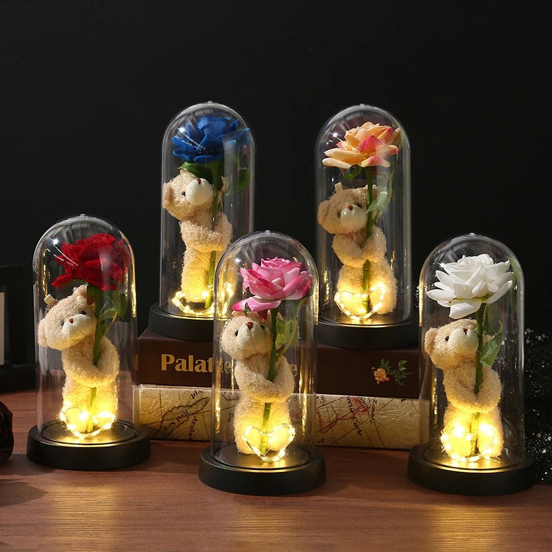 Eternal Rose LED Lamp - Silk Flower Glass Dome