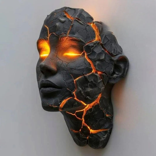 Black Lava Design LED Wall Lamp with Glowing Orange Cracks