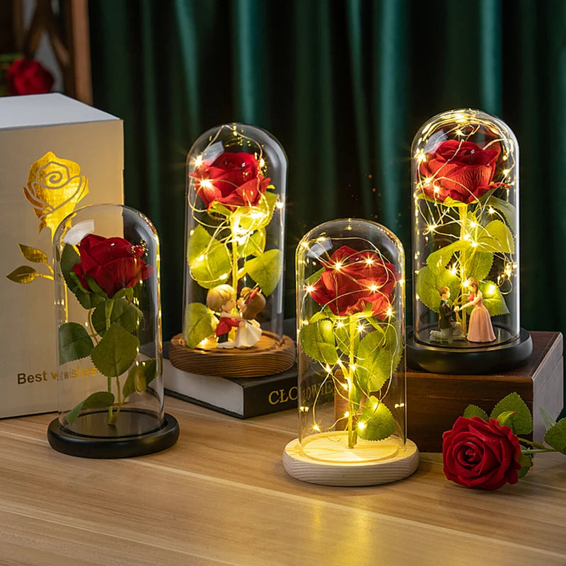 Eternal Rose LED Lamp - Silk Flower Glass Dome