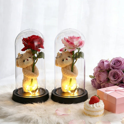 Eternal Rose LED Lamp - Silk Flower Glass Dome