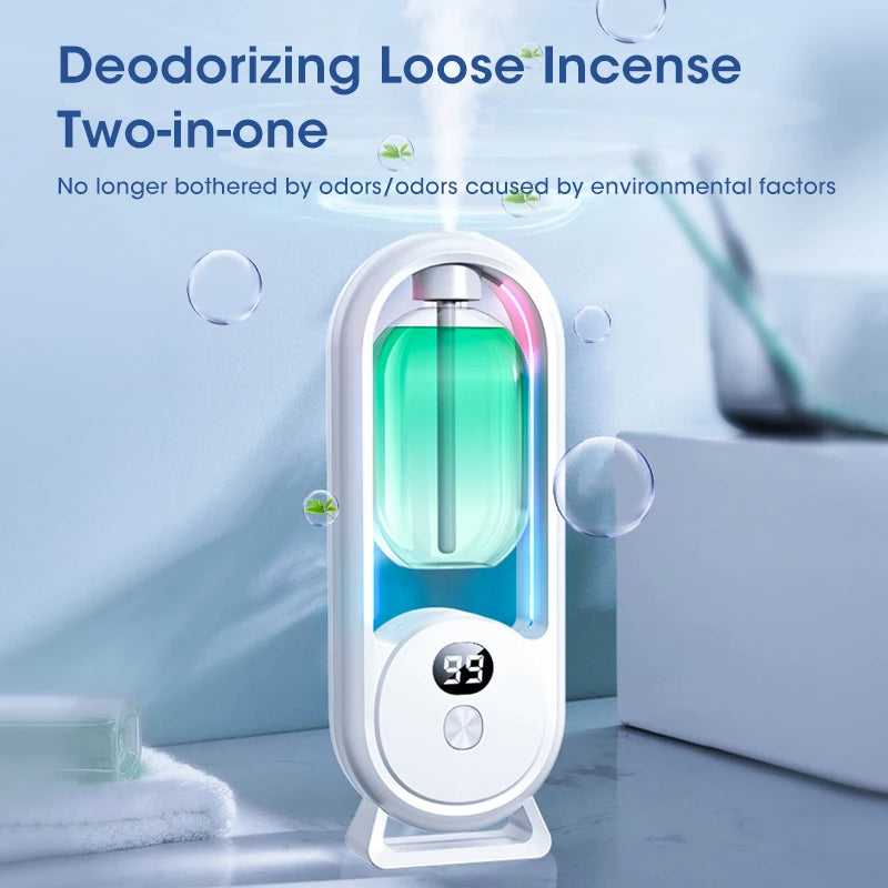 Chefio Smart Essential Oil Diffuser with LED display releasing mist, highlighting its deodorizing and aromatherapy features.