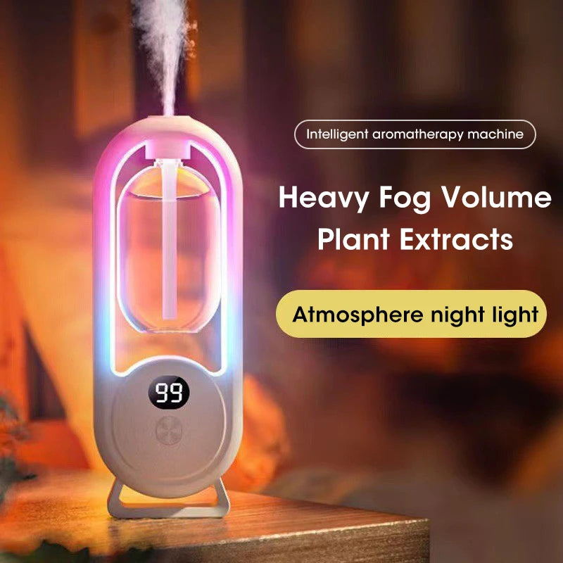 Chefio Smart Essential Oil Diffuser with LED night light misting on a wooden nightstand, featuring digital display.