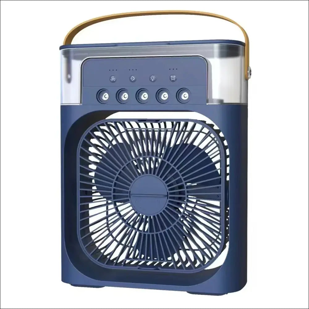 Blue portable fan and humidifier with a wooden handle for personal cooling.