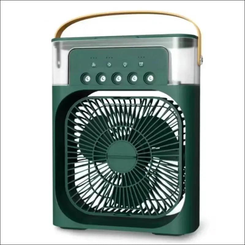 Green portable fan and humidifier with handle and control buttons.