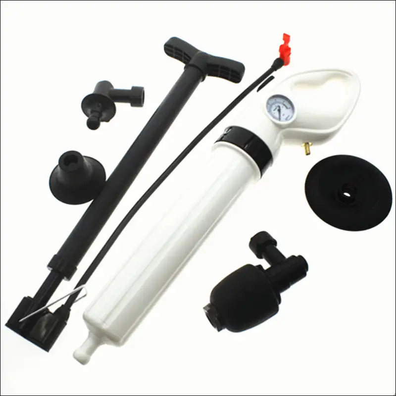 AirBlast Pro: Clog buster with pressure gauge and black attachments for plumbing.