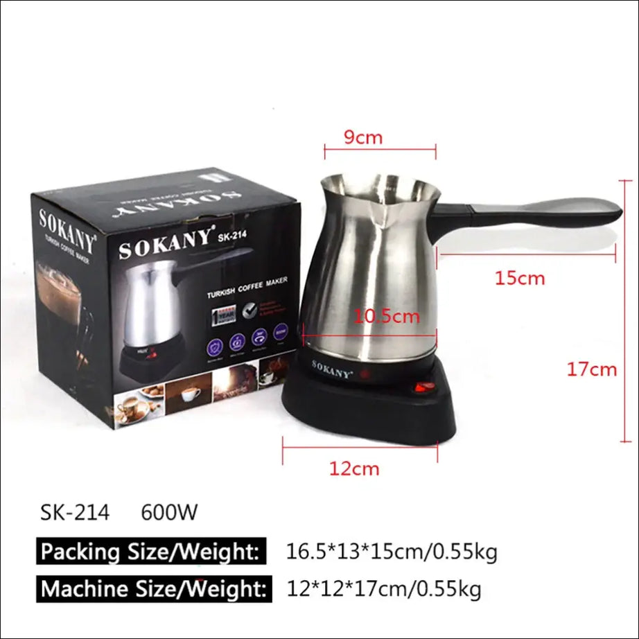 BrewMaster Espresso Turkish coffee maker with stainless steel design and dimensions.