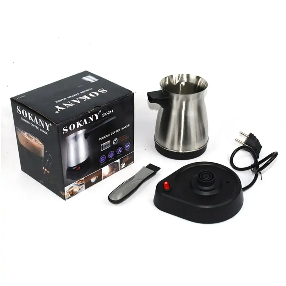 Portable Turkish coffee maker with stainless steel pot and electric base.