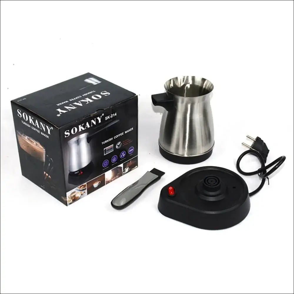 Portable Turkish coffee maker with stainless steel pot and electric base.