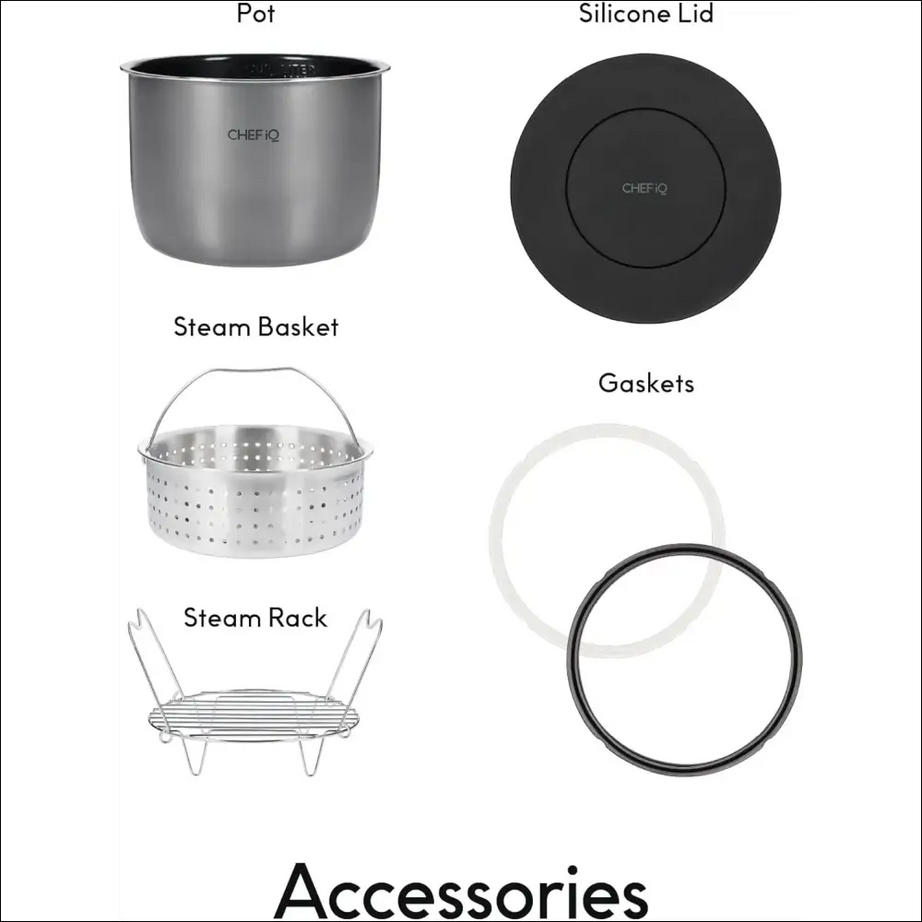 Chef iQ SmartCook accessories: pot, steam basket, lid, rack, gaskets.