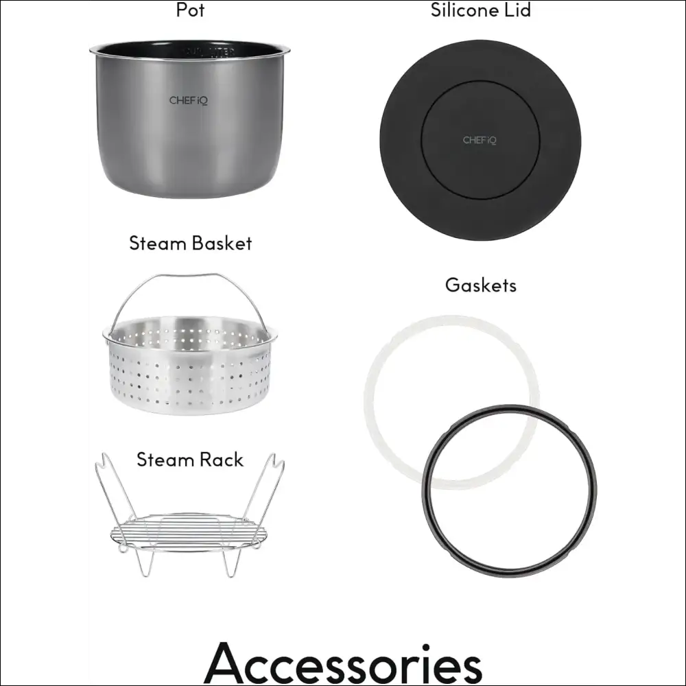 Chef iQ SmartCook accessories: pot, steam basket, lid, rack, gaskets.