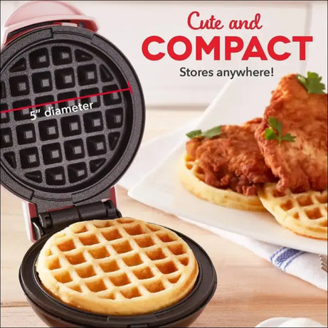 Chefio Mini Waffle Maker: 5-inch Round, Non-Stick, Easy Clean. Crispy Homemade Waffle & Fried Chicken Breakfast. Small & Compact!