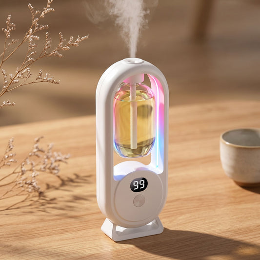 White Chefio Smart Essential Oil Diffuser with LED display and ambient light releasing aromatherapy mist on a wooden table.