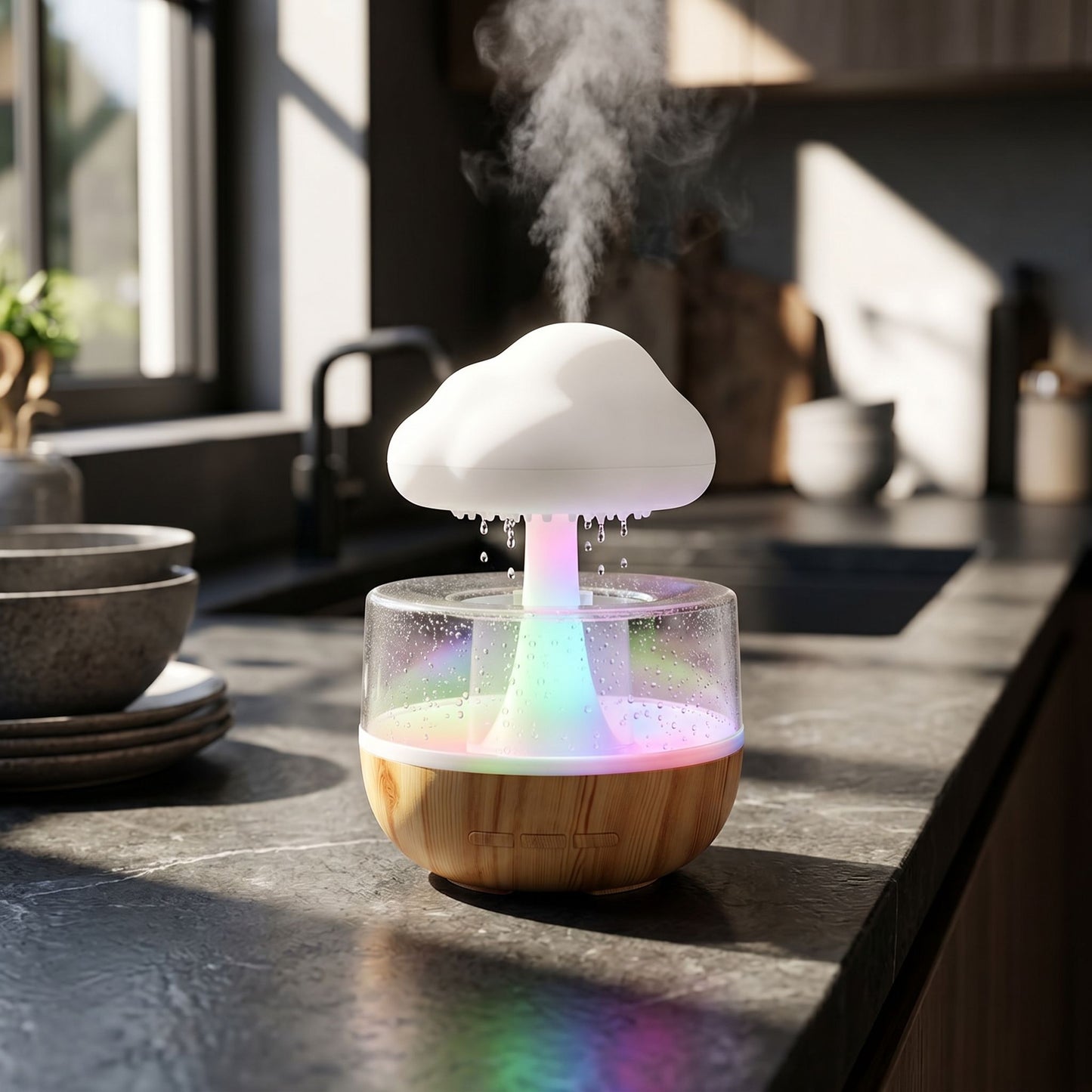 Small Rain Cloud Humidifier with vibrant LED lighting on a dark stone countertop in a contemporary kitchen setting.