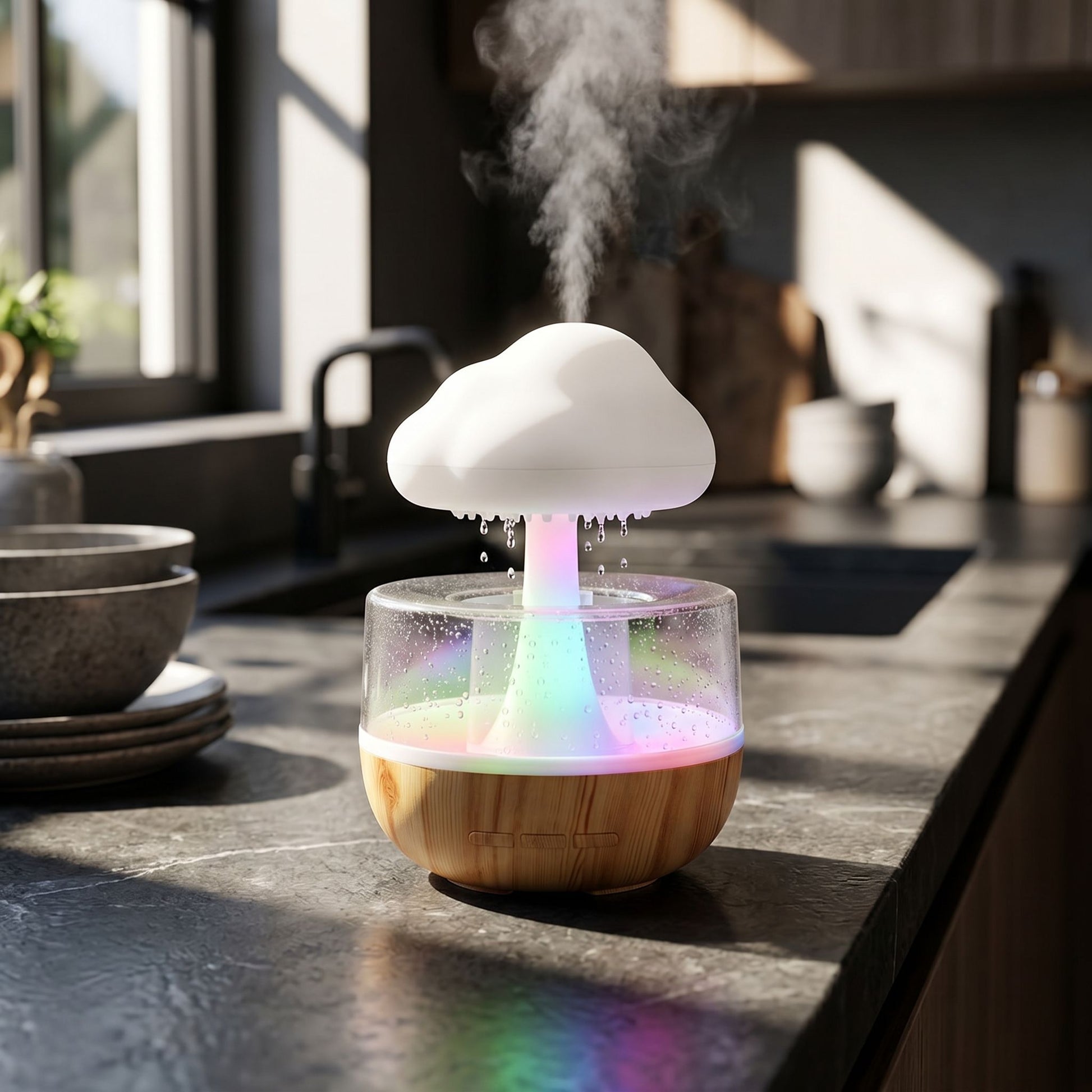Small Rain Cloud Humidifier with vibrant LED lighting on a dark stone countertop in a contemporary kitchen setting.