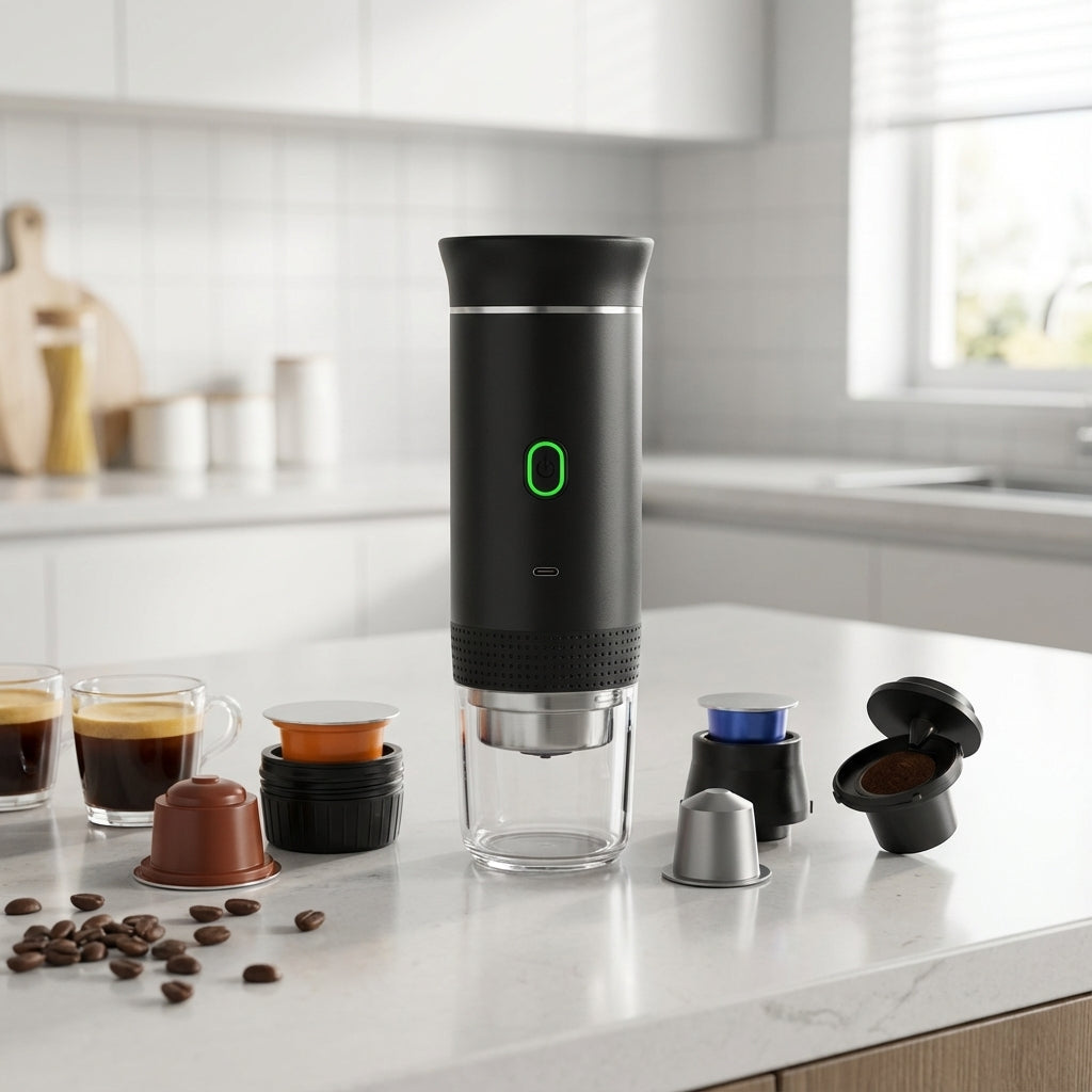 Capture a vibrant, high-resolution studio shot of the '3-in-1 Portable Espresso Maker' nestled on a sleek, modern minimalist kitchen countertop with a softly blurred background. Use softbox lighting to highlight the metallic and matte finishes of the devic
