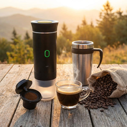 Depict the espresso maker in a scenic outdoor setting during sunrise on a rustic wooden table. Employ diffused daylight to create a warm, inviting atmosphere, enhancing the natural tones of the environment. Use an overhead shot with a 35mm lens, capturing 