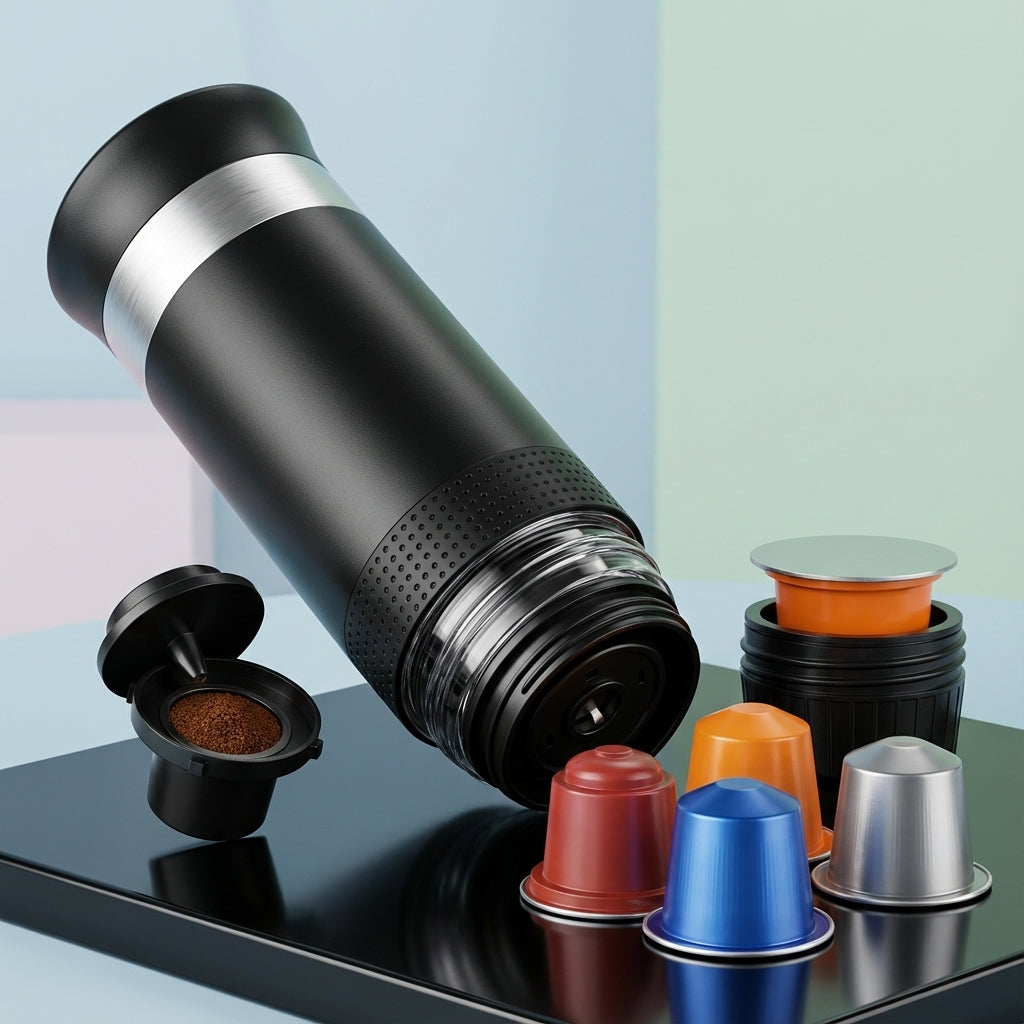 Present a close-up, macro-style image of the '3-in-1 Portable Espresso Maker' in a vivid, well-lit studio environment. Use an HDR studio light setup to accentuate the details of the brushed aluminum and silicone materials. The camera adopts a slight tilt a